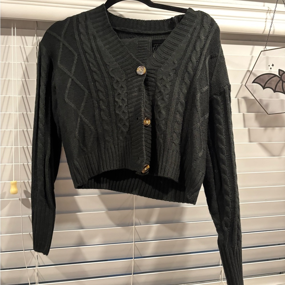 Black Cable Knit Cardigan Sweater with matching tube crop top